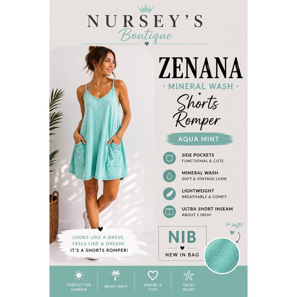 Zenana Aqua Mineral Wash Pocket Romper Dress Tunic Sleeveless NIB